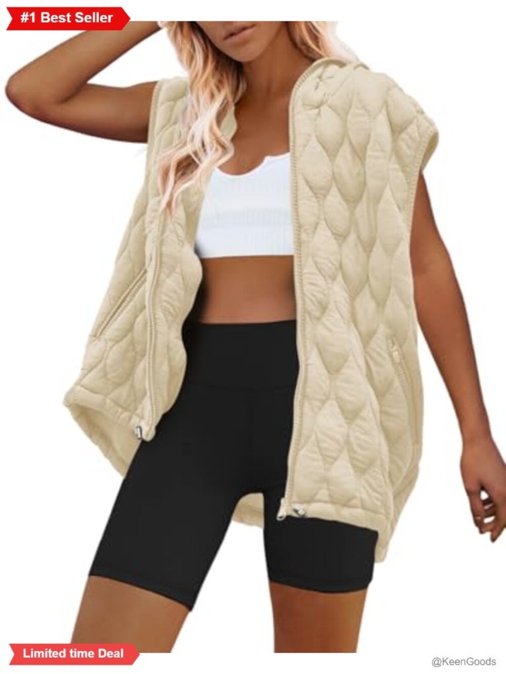 Oversized Quilted Puffer Vest Hooded Zip Up Sleeveless Jacket with Pockets